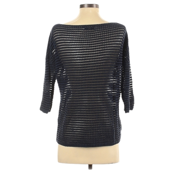 Samsoe Samsoe Navy Blue Open Knit Sweater Size XS Boat Neck Elbow Length Sleeves - Picture 2 of 8